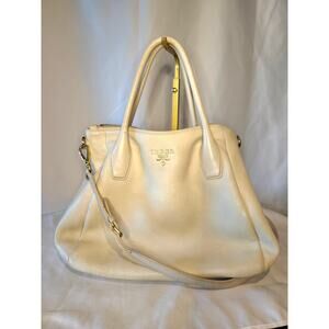 Prada Vitello Daino Tote White Cream Leather with Crossbody Strap Work Bag